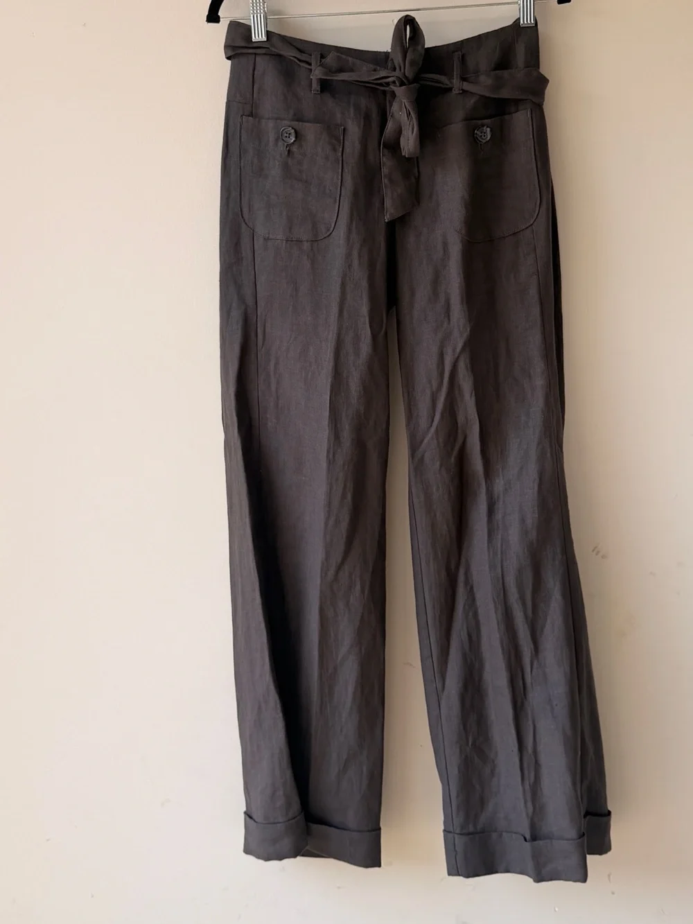 100% Linen Banana Republic Dark Brown Belted Wide-Leg Pants